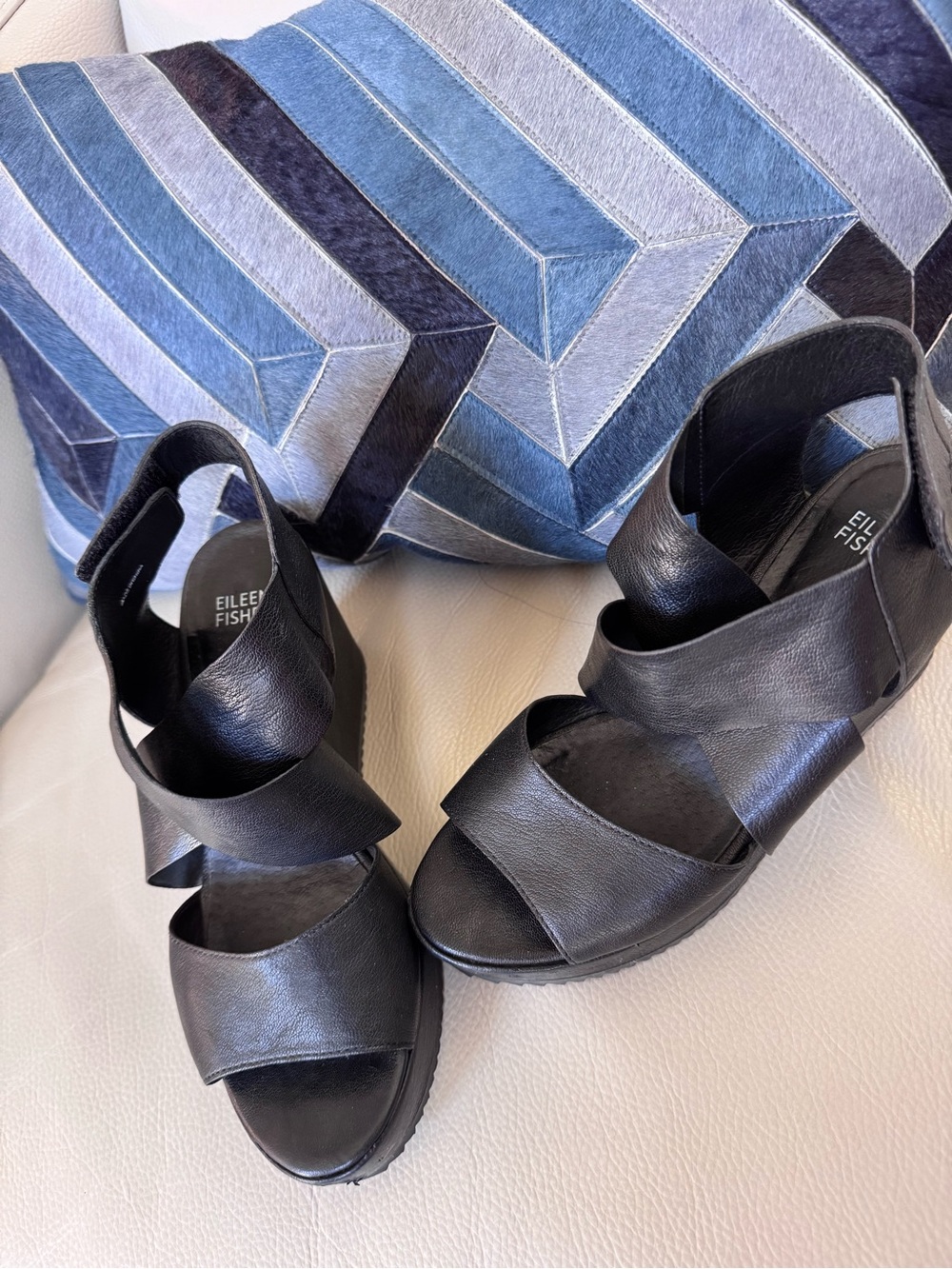 Eileen Fisher Black Leather Wrap Wedge Sandals